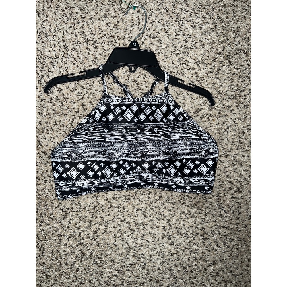 Black‎ White Geometric Tribal High Neck Cross Back Bikini Top Medium
